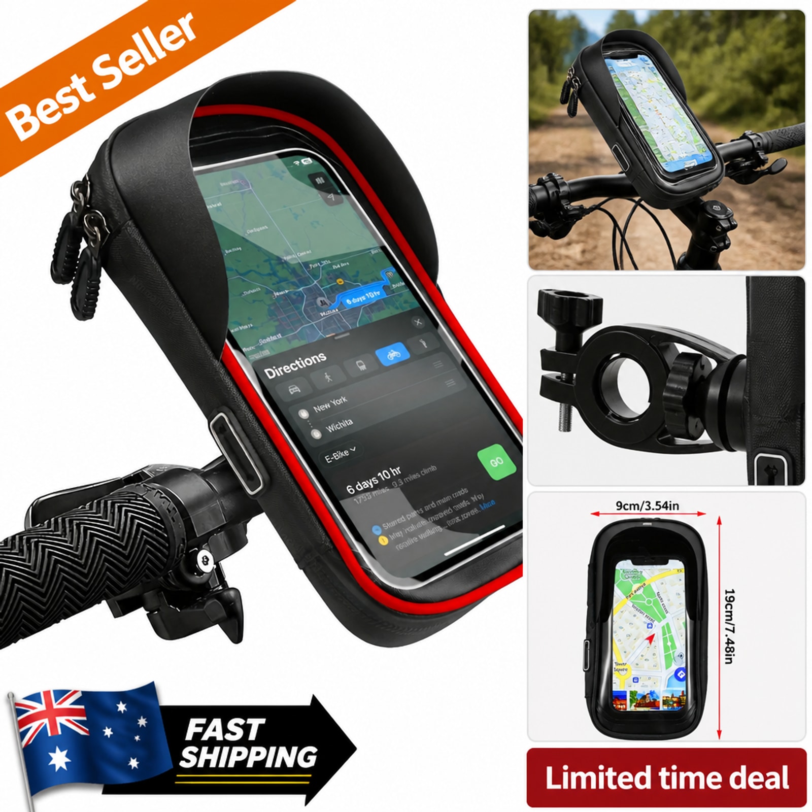 Bike Phone Holder Bag Waterproof Touch Screen Bicycle Handlebar Mount Case Zip