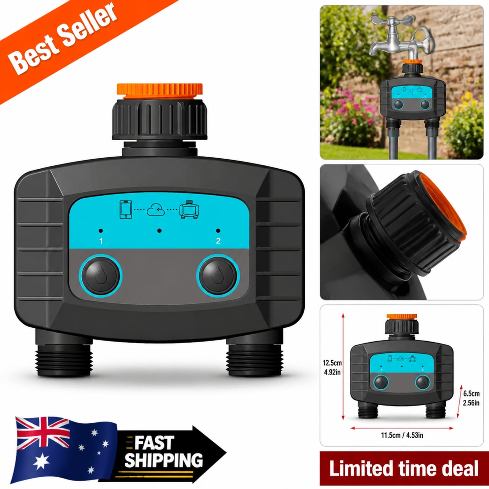 Smart Dual Outlet Garden Hose Watering Timer Bluetooth Sprinkler Control App