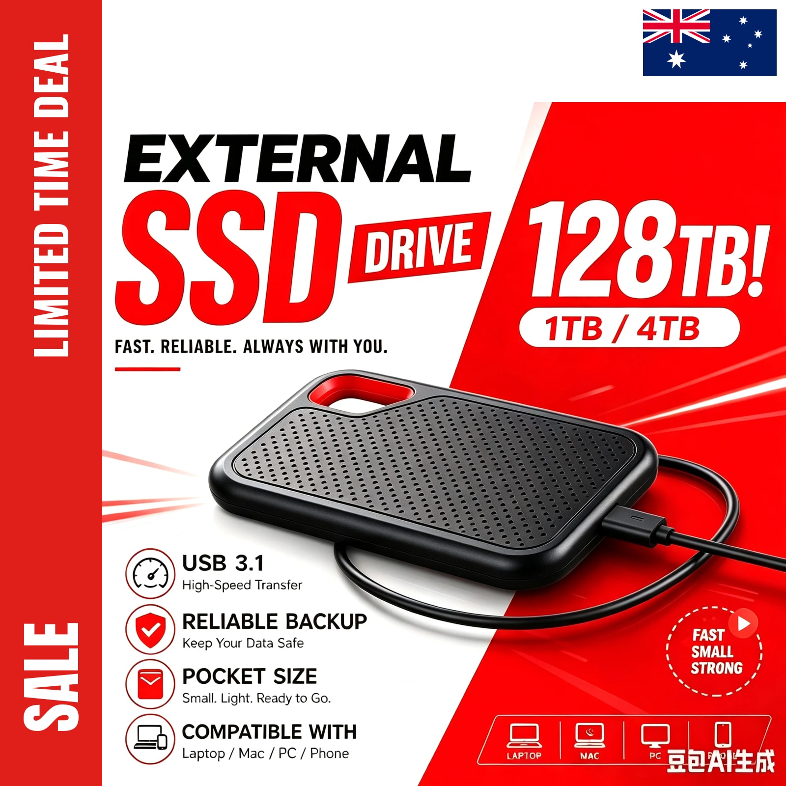 Portable External SSD Hard Drive USB 3.1 Type C High Speed Mobile Data Storage